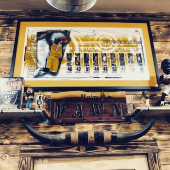 Sports memorabilia on display shelf